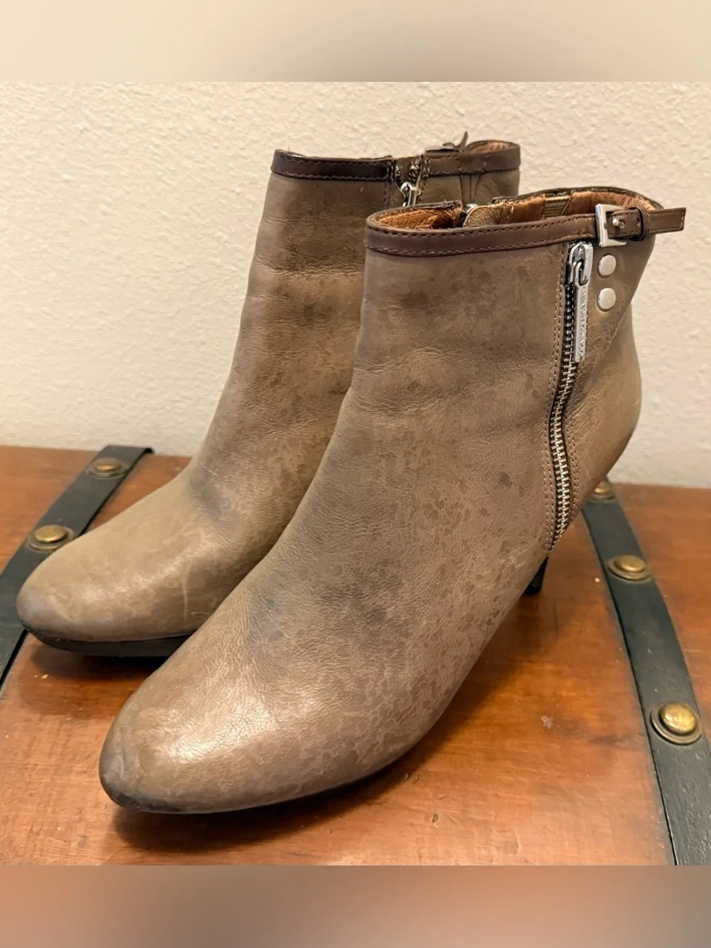 Donald J Pliner Taupe Leather Ankle Booties with Zip and Buckle